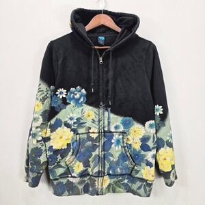Vintage Lucky Brand Floral Asian Zip Up Hoodie Women XL Black Terry Art Lotus
